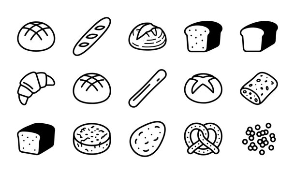 Hand-Drawn Bakery Icons: Bread, Croissant, Pretzel Vector Set for Food Graphics