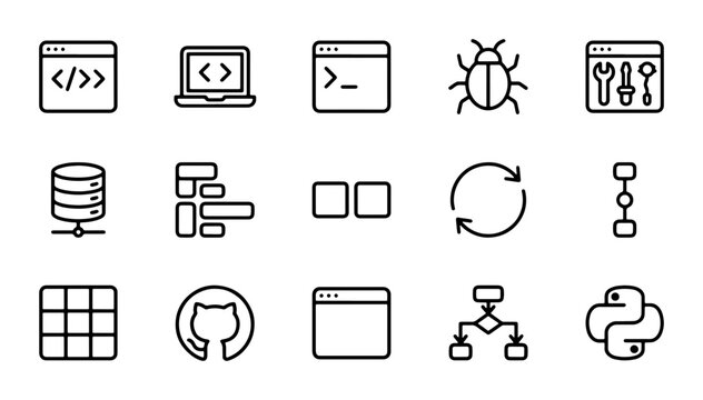 Programming and Coding Icons Set, Software Development and Technology Symbols, Web Design Elements