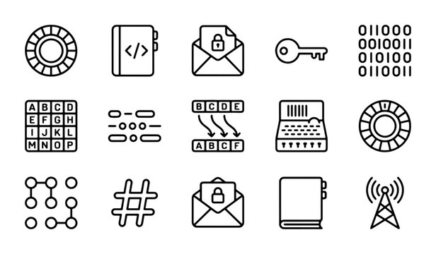 Cybersecurity Icons Set: Encryption, Code, Key, Data, Network Security Icons