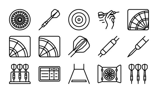 Darts Game Icons, Vector Set: Target, Board, Player Hand, Scorecard, Equipment