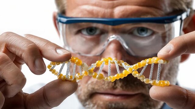 Scientist Examining DNA Model: A focused scientist, wearing protective goggles, holds and examines a detailed 3D model of a DNA double helix, symbolizing genetic research and discovery.
