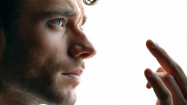 Contemplative Gaze: A man's face, captured in a close-up profile, shows intense focus as he raises a finger, hinting at a moment of deep thought or realization.