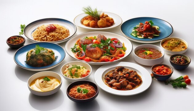 international cuisine a white table filled with dishes from various cultures and culinary diversity food from different countries