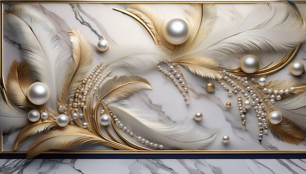 luxury panel wall art where a marble backdrop is enhanced with feathers and scattered pearls for an opulent effect