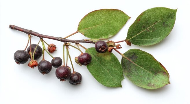 A Branch of Serviceberry with Ripe Dark Purple Berries and Green Leaves.