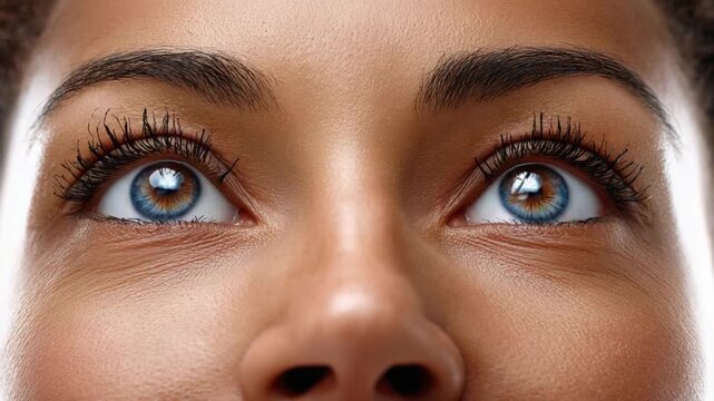 A Gaze into the Soul: Captivating close-up of a woman's striking blue eyes, framed by perfectly applied mascara and expressive eyebrows, looking upwards with a sense of wonder and contemplation.
