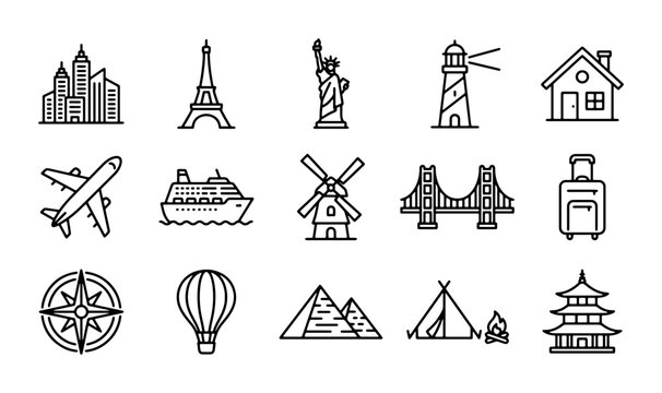Travel Icons Set: Landmarks, Transport, Accommodation, Navigation, Adventure, 15 Vector Elements