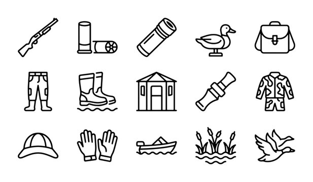 Hunting Icons Set: Duck, Shotgun, Boots, Camo, Boat, Blind, 15 Vector Elements