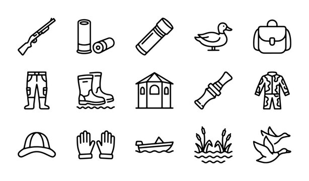 Hunting Icons Set: Duck, Shotgun, Gear, and Outdoor Elements Collection