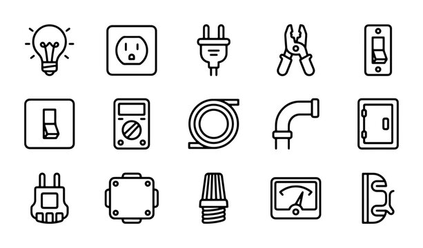 Electrical Icons Set: Power, Tools, and Components for Energy and Technology Concepts
