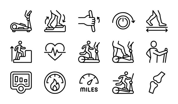 Fitness Icons Set: Elliptical, Stair Climber, Cardio, Exercise Machine, Health Metrics