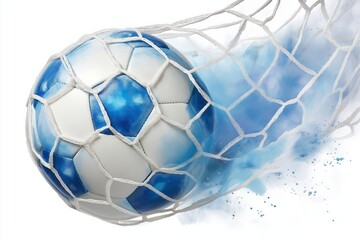 Fototapeta premium Blue and white soccer ball hitting net with water splash isolated on white background for sports and goal concept
