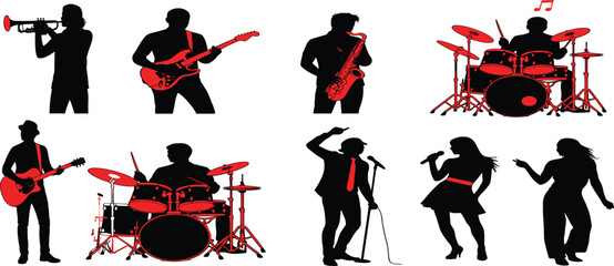 Musician silhouettes, trumpet player, electric guitarist, saxophonist, drummer, acoustic guitar, singers with microphone, dancer, black red vector illustration © Hadiul