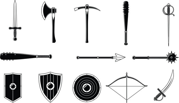 Medieval weapon silhouette icon illustration, fantasy armament artwork, dagger sword design, battle axe graphic, shield emblem, historical weapon