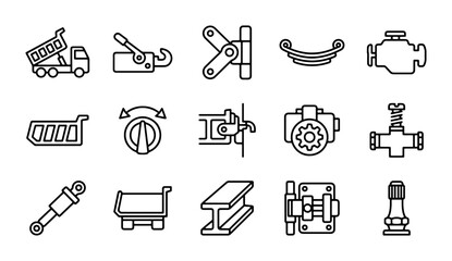 Automotive Parts Icons: Truck, Engine, Suspension, Trailer Hitch, Steel Beam, Vector Set © AbdullahAl