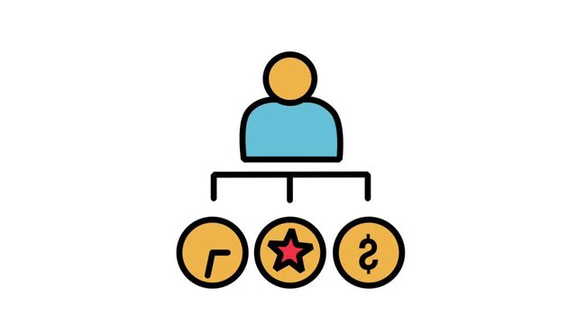 Animated organization hierarchy icon showing a leader with time, quality badge, and dollar nodes, representing multi-faceted business management and team delegation.