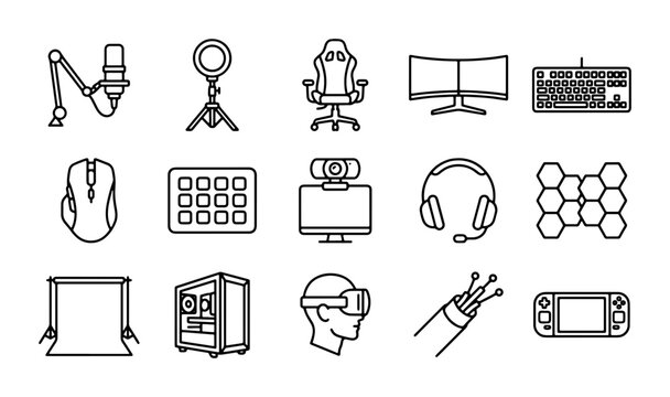 Gaming Gear Icons: Microphone, VR Headset, PC, Monitors, Keyboard, Mouse, Chair, Webcam