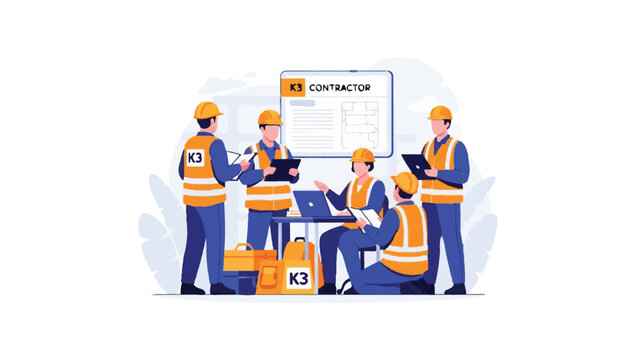 Construction Site Management and Contractor Team Planning with K3 Safety Protocols Illustration