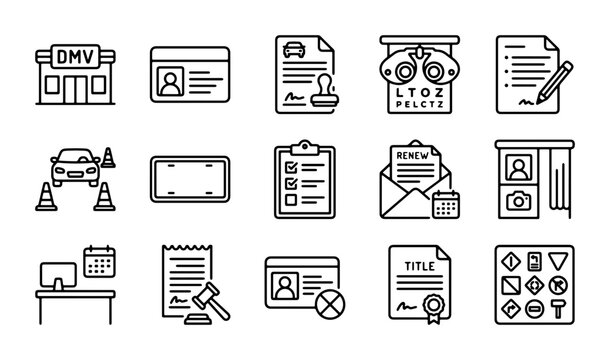 DMV Icons Set: Driving License, Vehicle Registration, Eye Test, Legal Documents, Vector Graphics
