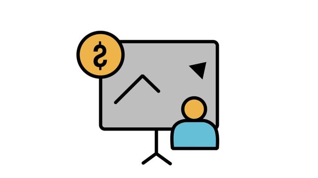 Animated business presentation icon showing a line graph with a dollar coin emblem, representing financial forecasting, sales pitching, and revenue growth.