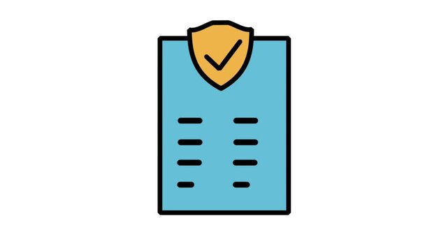 Animated compliance document list icon with a secure checkmark shield, representing validated data, legal verification, policy approval, and auditing.
