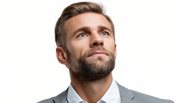 Man in Suit Looking Up: A confident man in a gray suit gazes upwards, contemplating future possibilities and success. His thoughtful expression suggests ambition and determination.