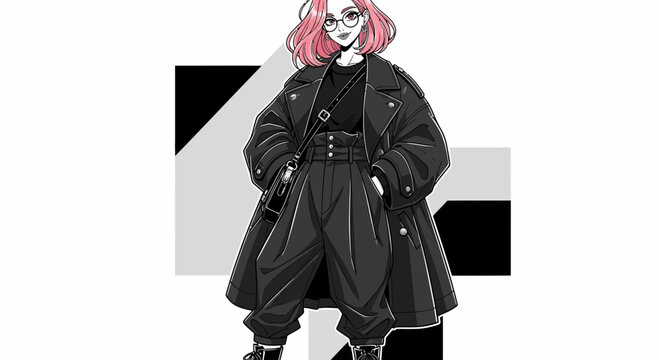 Stylish woman with pink hair and glasses in oversized black fashion outfit