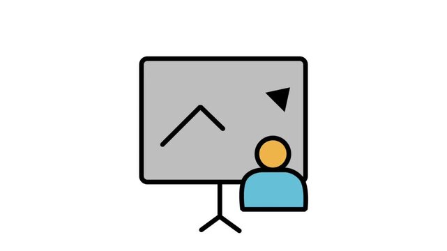 Animated line chart presentation icon featuring an executive analyzing growth data, representing statistical research, corporate training, and business strategy.