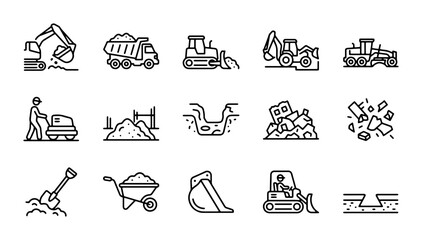 Construction Equipment Icons, Heavy Machinery Vector Set, Earthmovers and Digging Tools Collection © Imran