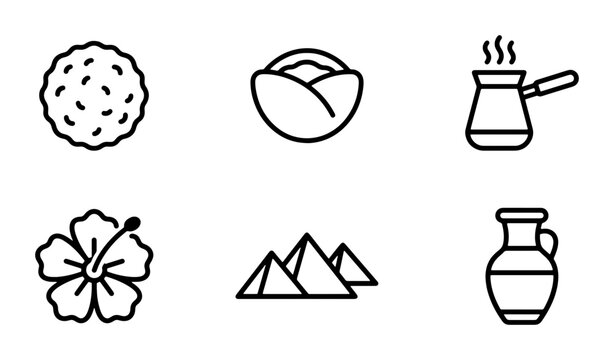 Egyptian Icons: Pyramids, Hibiscus Flower, Coffee Pot, Food, Cabbage, Vase Vector Set
