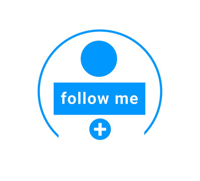 Blue Follow Me icon with user profile and plus sign, social media subscribe button and follower symbol vector
