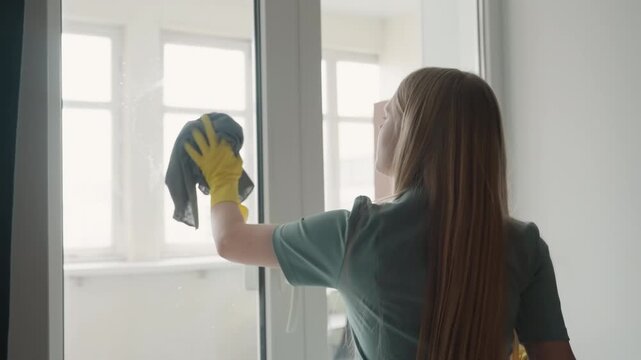 Woman cleaning window in house, homeowner gently wipes glass with yellow gloves and spray bottle, soft morning light, microfiber cloth removes streaks, calm domestic routine in tidy interior