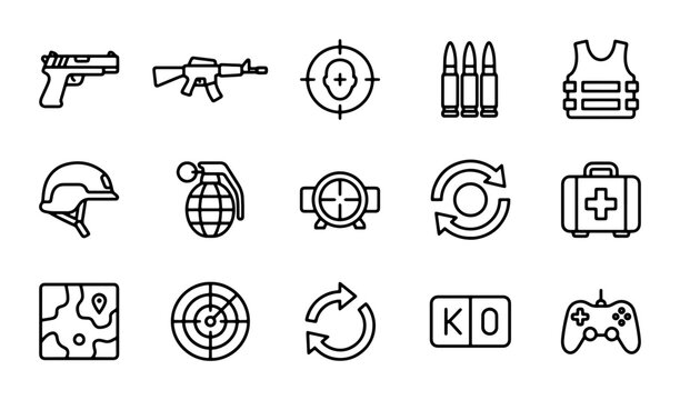 Military Icons Set, Warfare Symbols, Combat Equipment Vector Graphics, Tactical Gear Collection