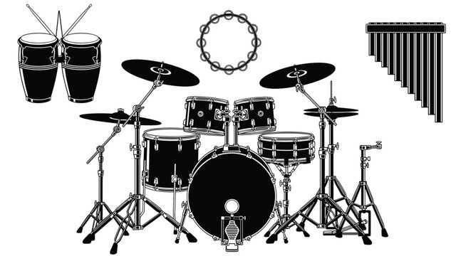 Percussion instrument collection, drum kit illustration, bongos tambourine panpipes, musical rhythm diversity, sound variety, music performance, cultural instruments, artistic silhouette
