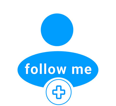 Blue Follow Me icon with user profile and plus sign, social media subscribe button and follower symbol vector
