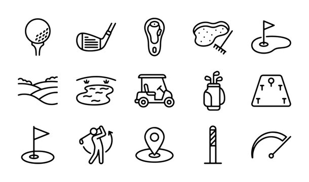 Golf Icons Set: Sport Equipment, Course Elements, Player Action, Vector Graphics for Sports Themes