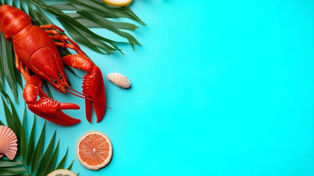 Crayfish Party banner concept, crayfish and summer decorations on bright background, copy space for text, marketing stock image