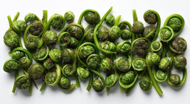 A Captivating Arrangement of Fresh Green Fiddlehead Ferns on a White Background.