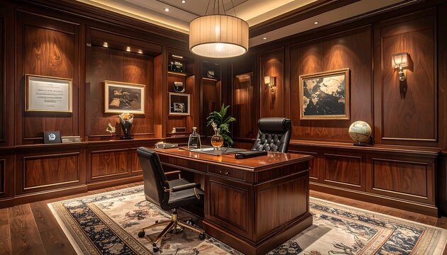 Luxurious and grand executive office interior design featuring rich dark wood paneling, elegant classic furniture, and sophisticated ambient lighting for a high-end professional workspace