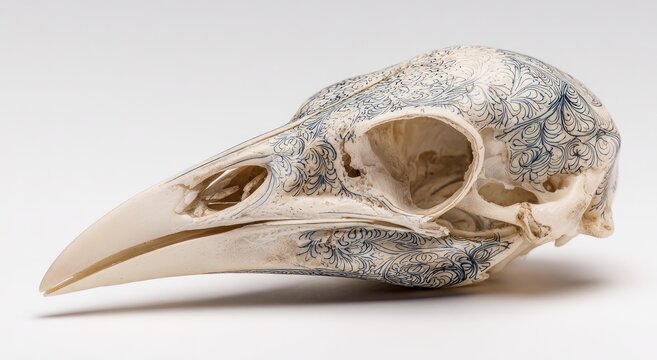 Detailed Side View of a Bird Skull on a White Background.