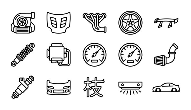 Automotive Parts Icons Set, Car Tuning Elements, Engine Components, Vehicle Accessories, Vector Graphics