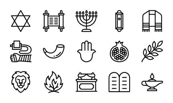 Jewish Symbols Vector Icons Set: Star of David, Menorah, Torah, Hamsa, Shofar, Kosher Food