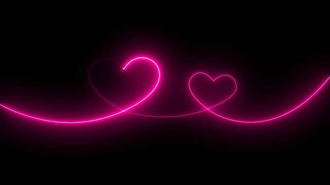 Two love hearts concepts. Valentine's Day indicate. Love One line drawing concept. love card neon glowing icon. Bright glowing neon valentines love heart symbol.
