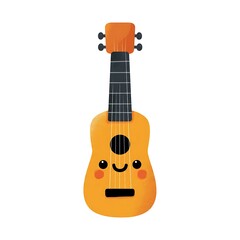 Naklejka premium Cute cartoon orange guitar character with happy face and frets.