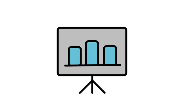 Animated presentation easel icon displaying a bar chart with three pillars, symbolizing business growth analysis, corporate reports, and marketing statistics.