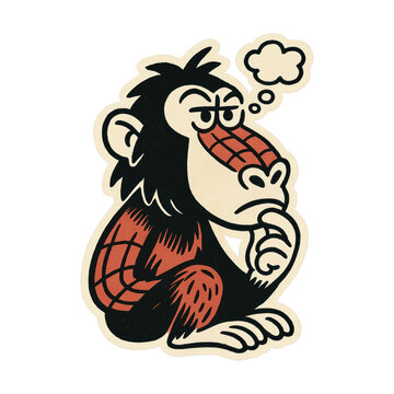 PNG Contemplative cartoon monkey illustration.