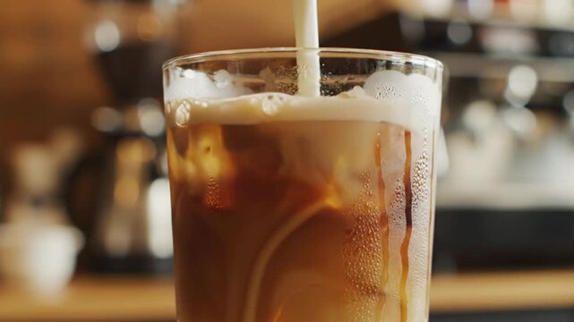 Cream being poured into a glass of iced coffee