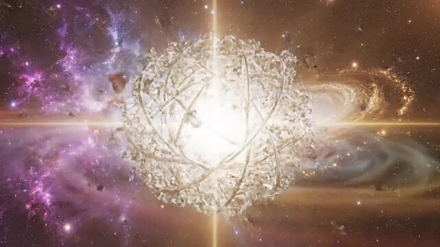 Glass torus and crystal floating in vibrant space nebula