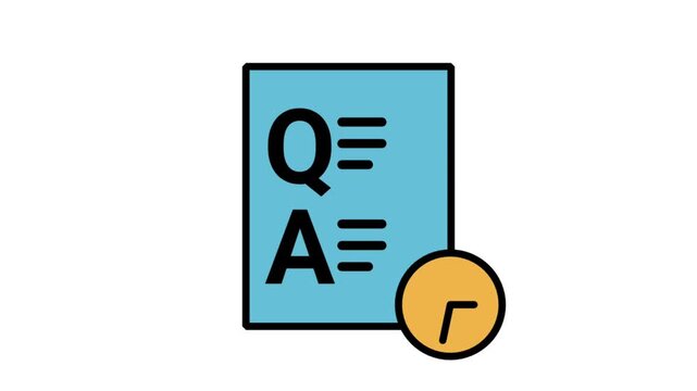 Animated flat line icon of a Q and A document with a clock, representing scheduled surveys, interview deadlines, or timely support.