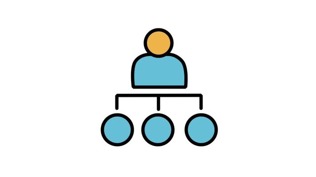 Animated organizational chart icon with circular nodes below an executive, illustrating business hierarchy, company structure, delegation, and workflow management.